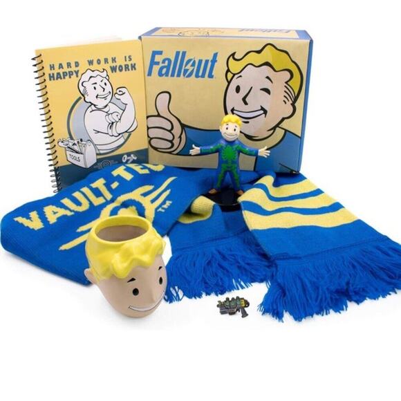 FALLOUT COLLECTOR BOX 5 PIECES VAULT BOY PLANTER, VAULT TEC SCARF, PIN, FIGURINE - Picture 14 of 16